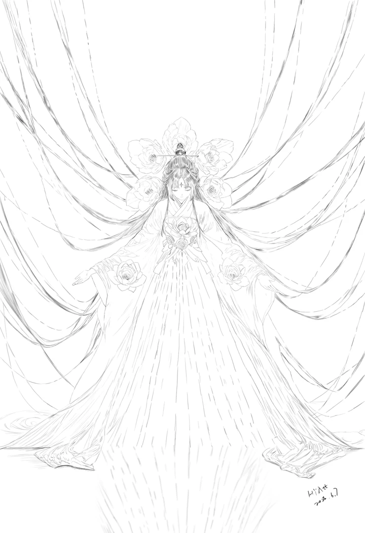 花朵与长衣的人物插画线稿，飘带向上延伸