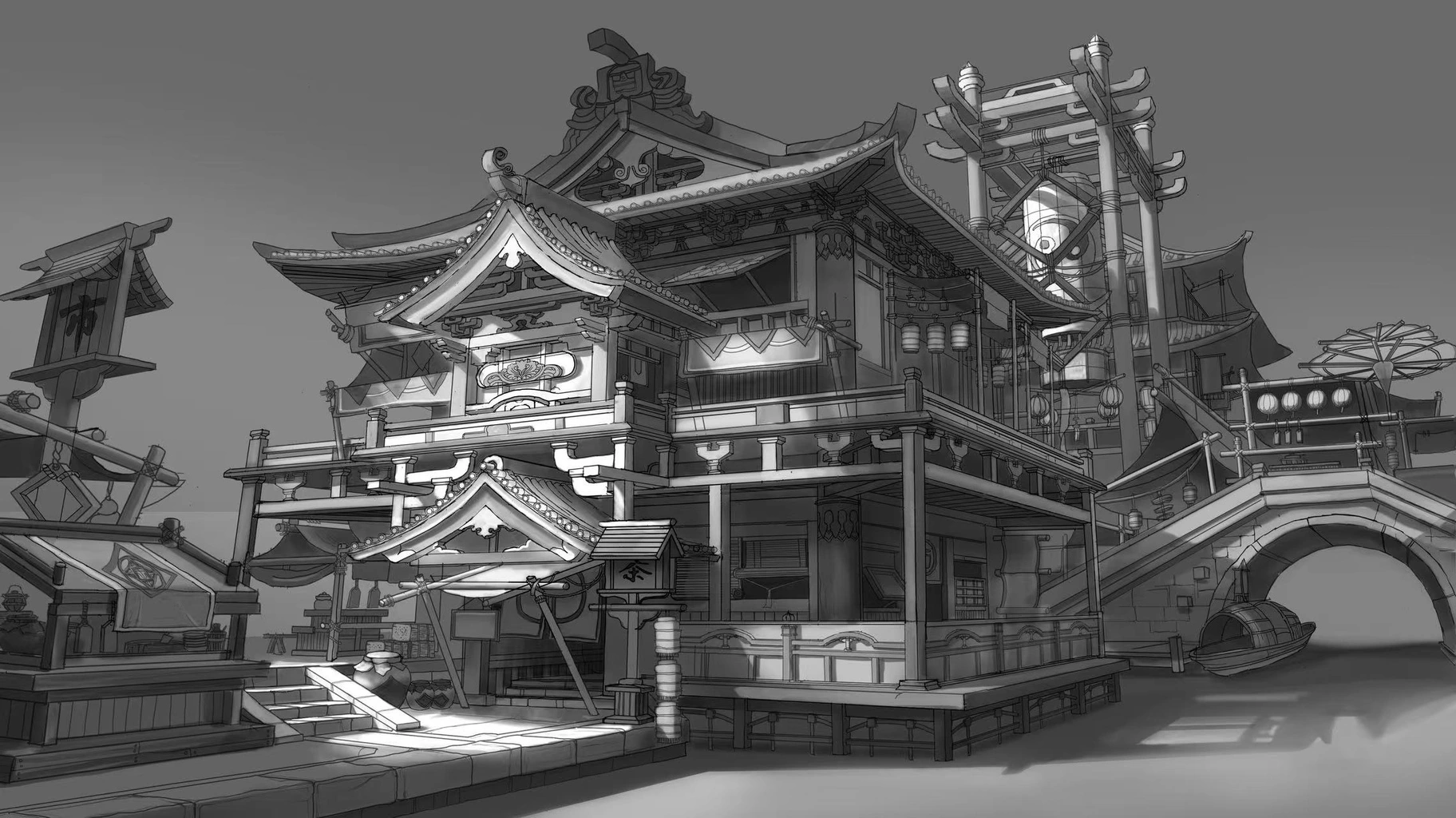 古街建筑灰阶稿，楼阁、桥与灯笼形成街巷场景