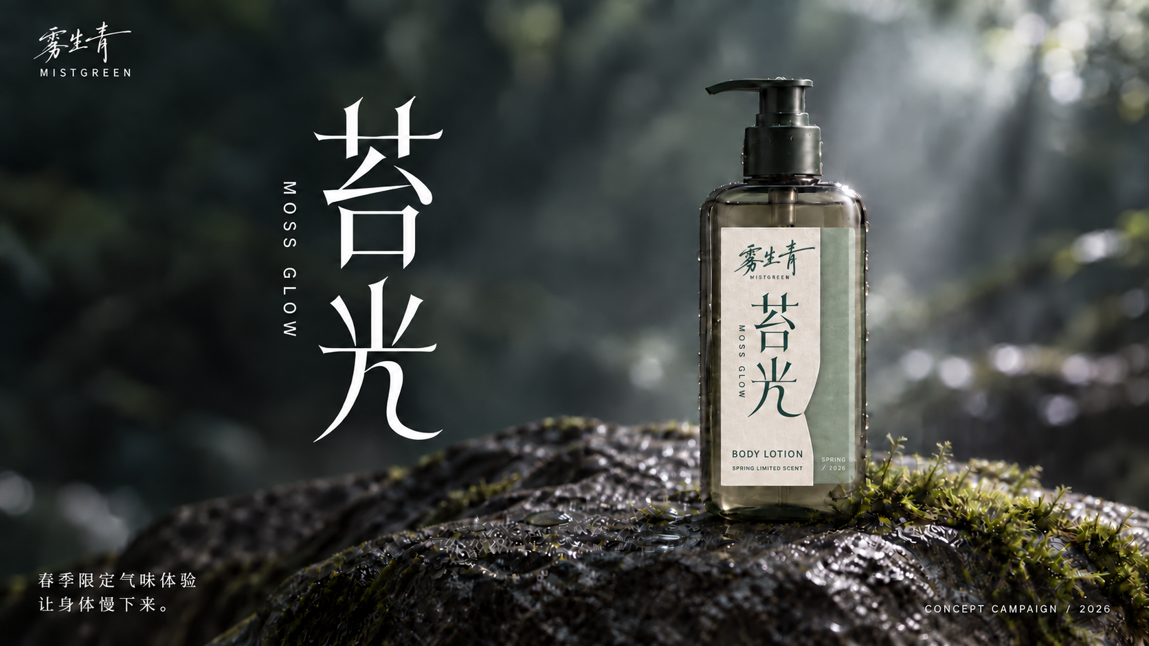 苔光原主视觉:湿苔与石面上的身体乳,竖排主题字