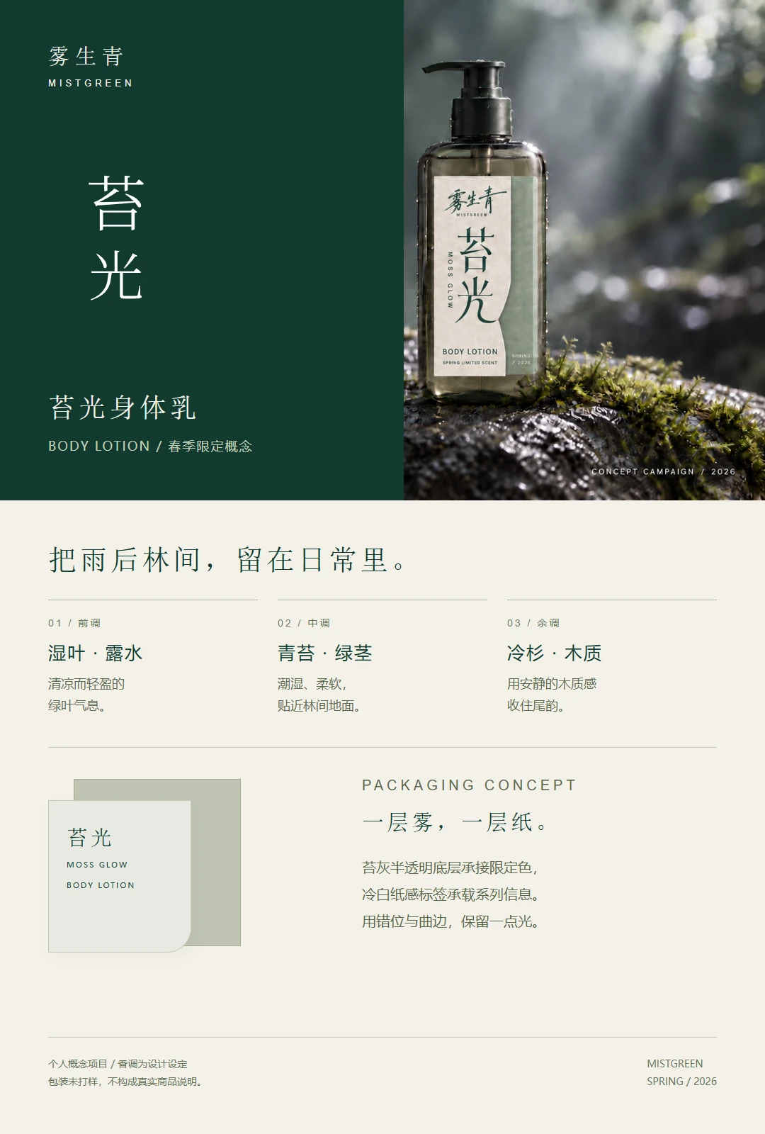 苔光产品详情模块：产品介绍、三段香调和双层标签概念