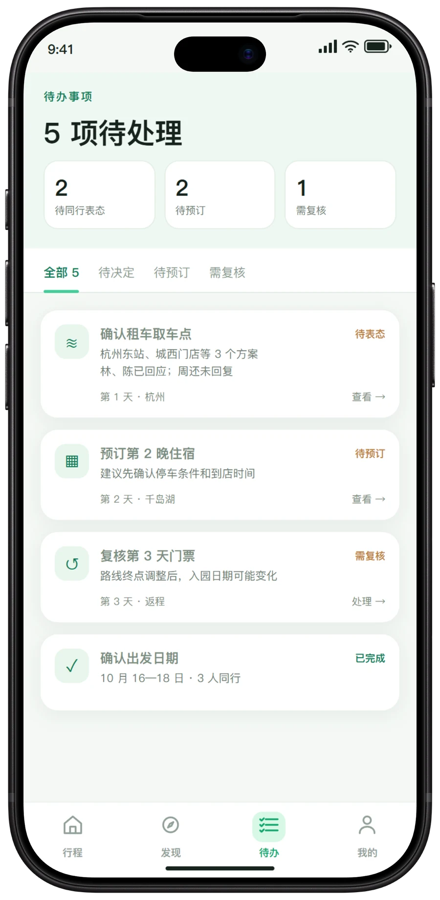 同行程 App 待办总览界面